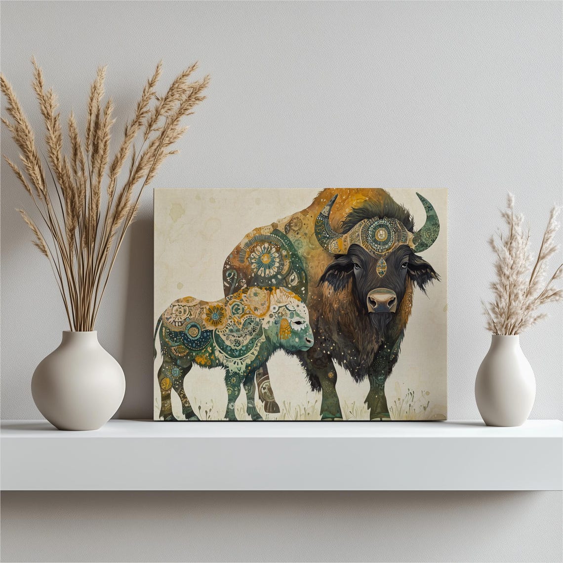 Buffalo and Calf Green Gold Ornate Pattern Wildlife Canvas Poster