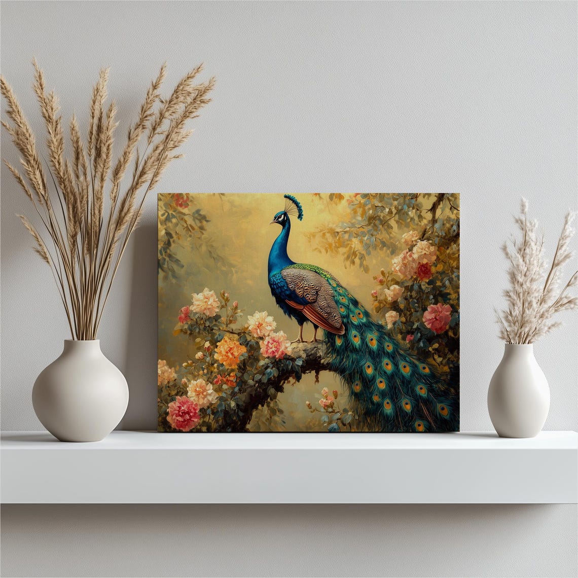 Radiant Peacock on Branch with Golden Floral Background Poster