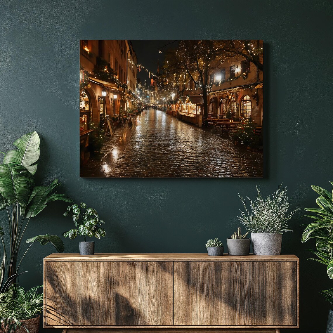 European Christmas Market Winter Night Lights Street Scene Poster