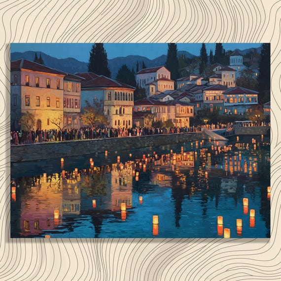 Floating Lantern Festival Canvas Wall Art Twilight River Landscape Lanterns Water Reflections Mountain Village Historic Buildings