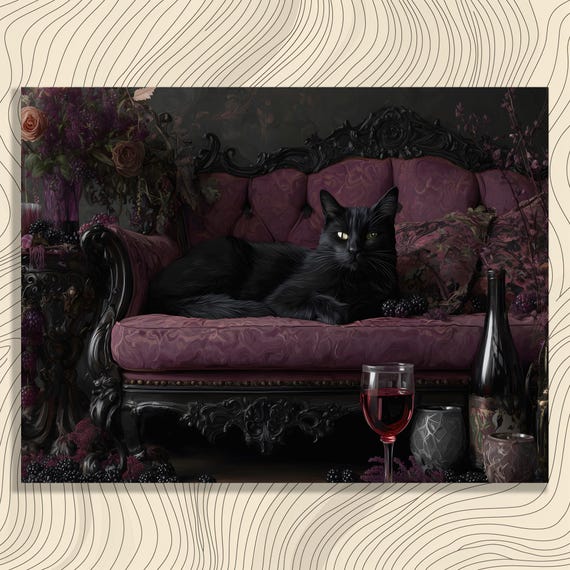 Black Cat Canvas Wall Art Lover Gift Gothic Feline Decor Dark Victorian Sofa Print With Grapes Wine Still Life Home Gallery
