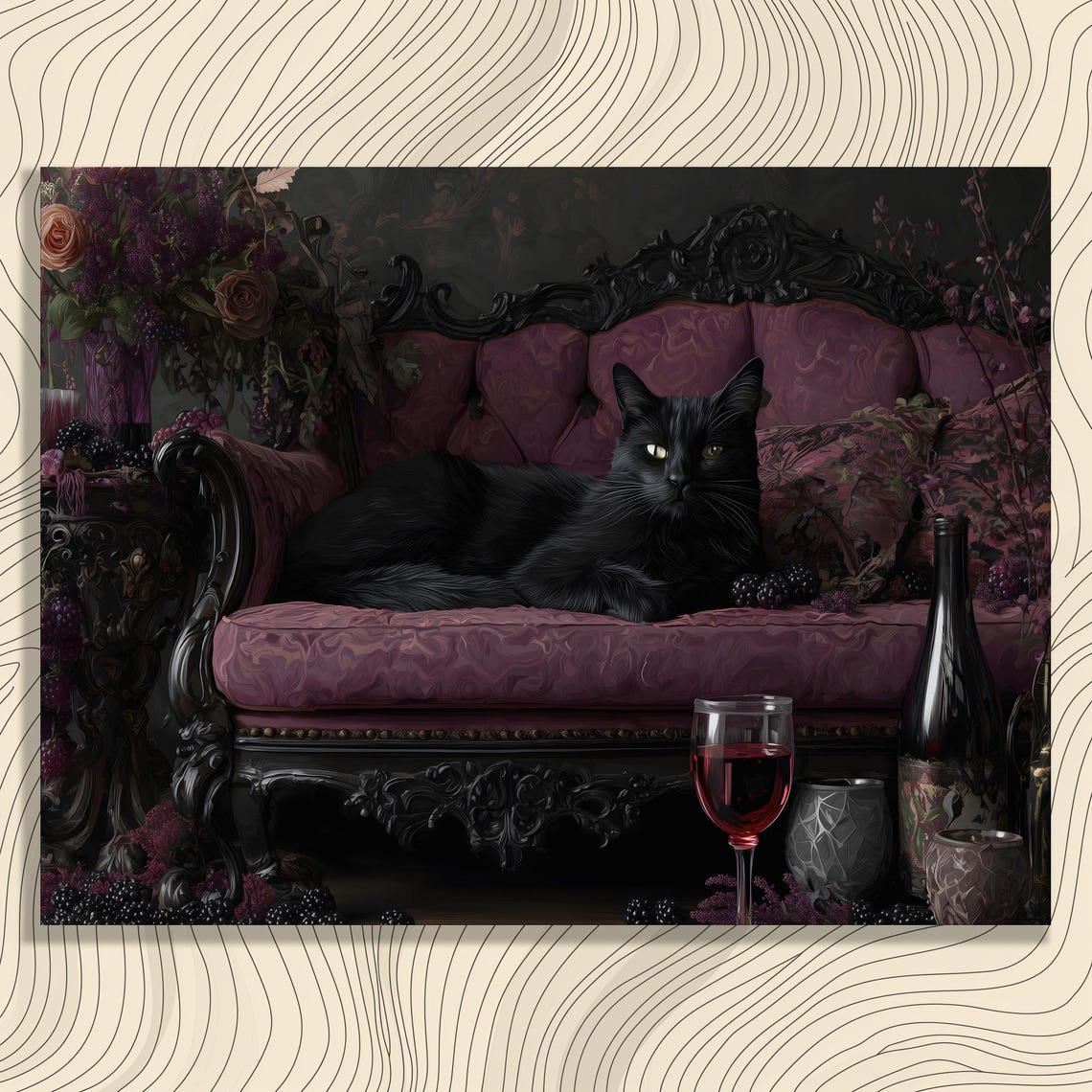Black Cat Canvas Wall Art Lover Gift Gothic Feline Decor Dark Victorian Sofa Print With Grapes Wine Still Life Home Gallery