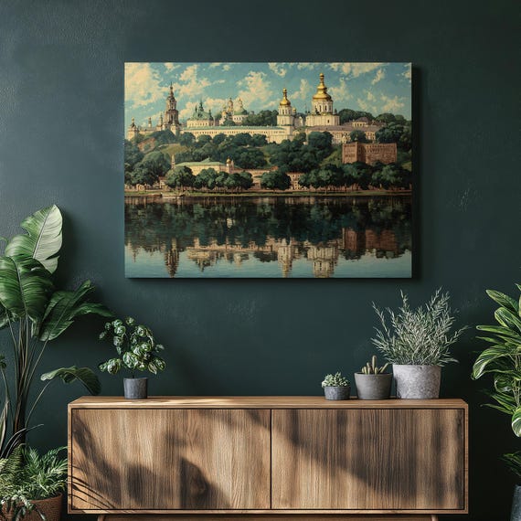 Orthodox Church River Canvas Wall Art Gold Dome Monastery Reflection Landscape Print Oil Painting Classic Style