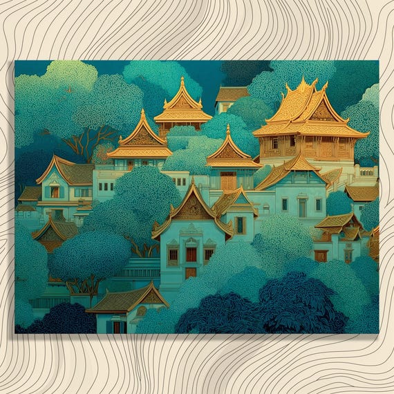 Vintage Temple Canvas Wall Art Bohemian Eclectic Impressionism Architecture Print With Golden Rooftops Foliage Landscape Decor