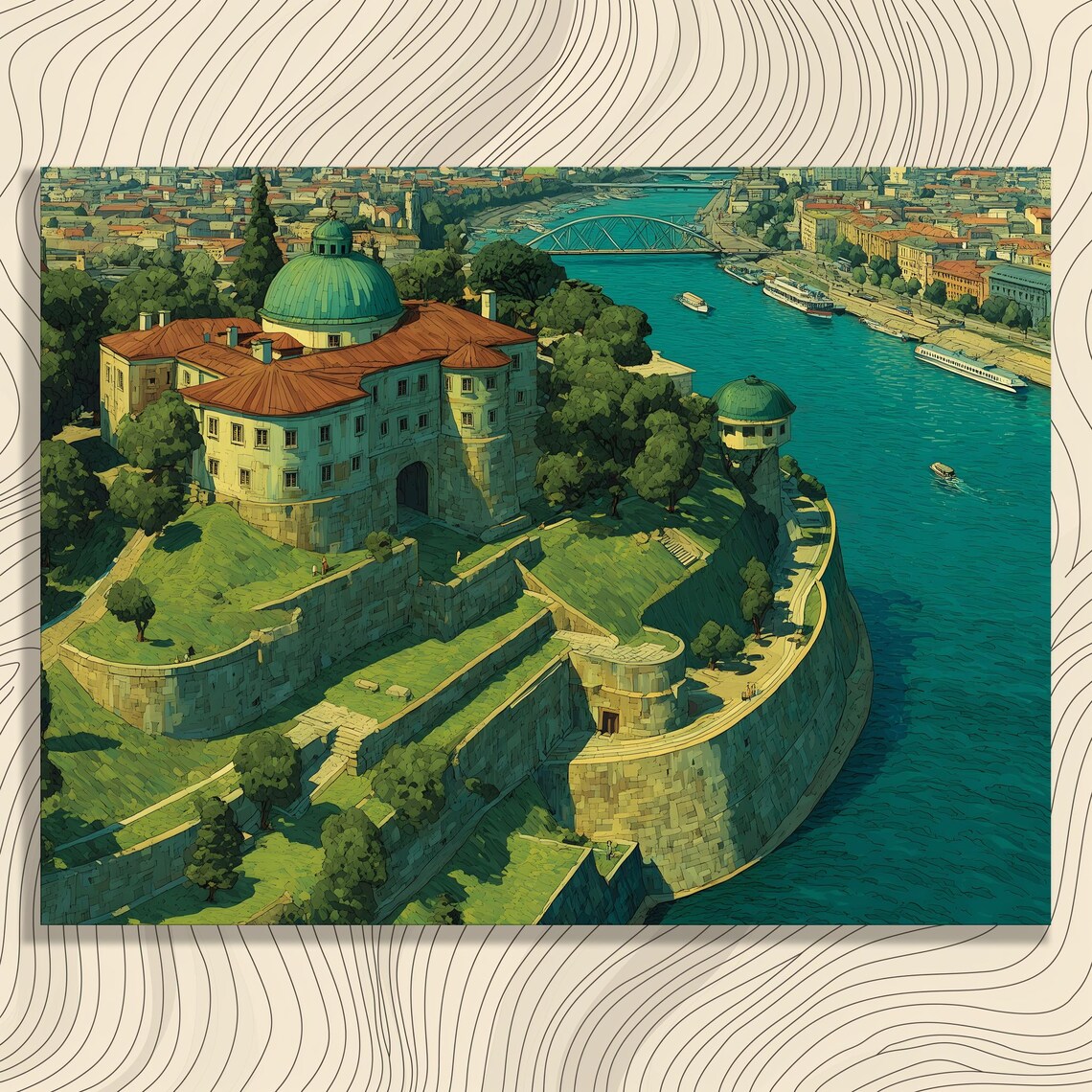 Historic Riverside Fortress Vintage Travel Illustration Poster