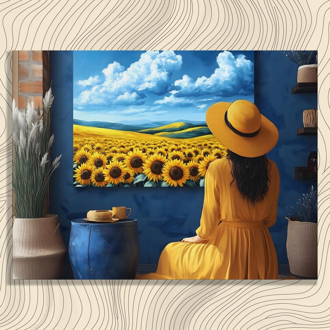 Sunflower Field Blue Sky Rolling Hills Bright Floral Meadow Wall Art