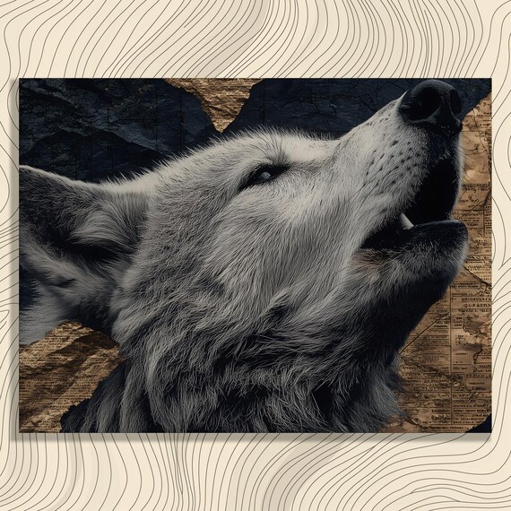Wolf Howling Canvas Wall Art Rustic Wildlife Decor Dark Nature Print Gold Collage Realistic Animal Portrait Painting Gift