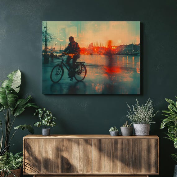 Copenhagen Harbor Cyclist Canvas Wall Art Urban Waterfront Sunset Cityscape Reflections Bicycle Silhouette Print Modern Home Decor