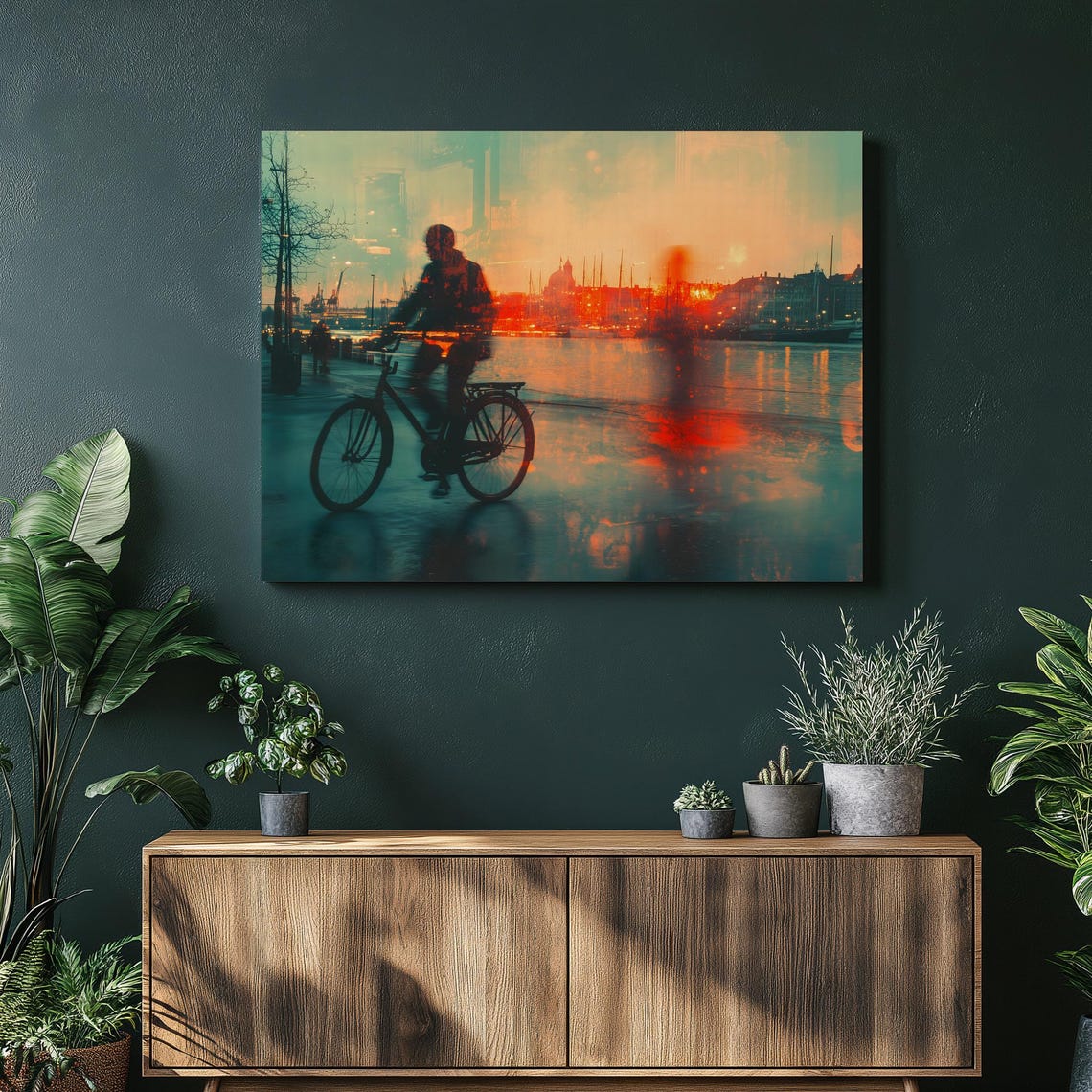 Copenhagen Harbor Cyclist Canvas Wall Art Urban Waterfront Sunset Cityscape Reflections Bicycle Silhouette Print Modern Home Decor