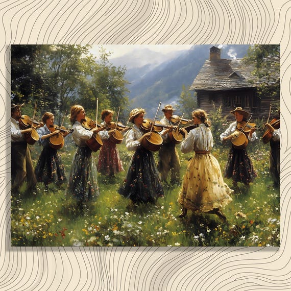 Pastoral Violin Ensemble Canvas Wall Art Rustic Cabin Decor Country Farmhouse Print Music Painting Nature Lovers Enthusiasts
