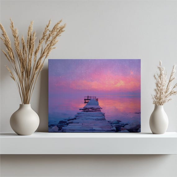 Twilight Wooden Pier Canvas Wall Art Lake Sunset Starry Sky Seascape Print Colorful Horizon Calm Water Reflection Coastal Beach Decor
