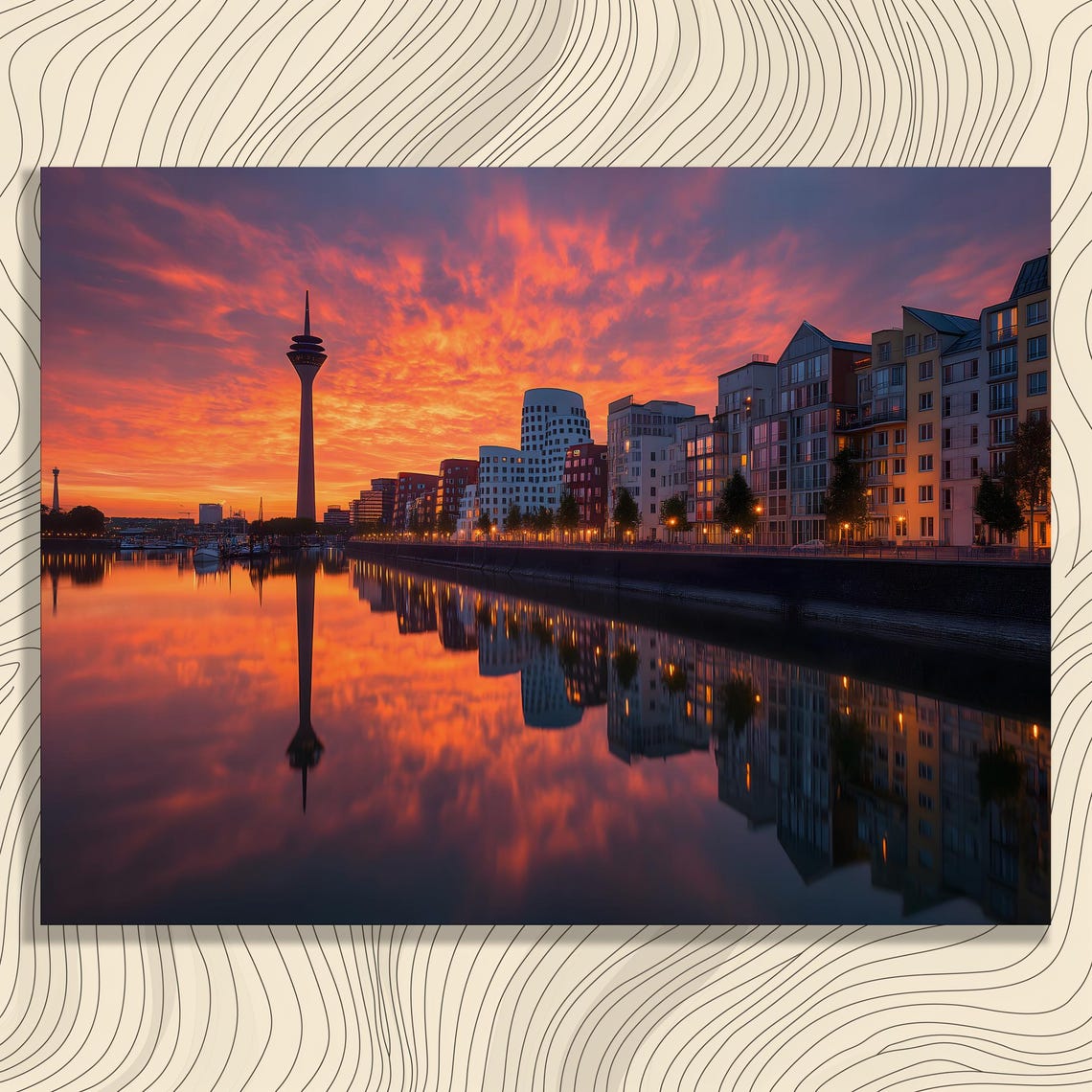 Dusseldorf Harbor Sunset Skyline Rhine Tower Reflection Print
