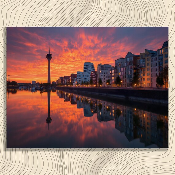 Urban Sunset Skyline Canvas Wall Art Vibrant Cityscape Print With River Reflection Modern Architecture Decor Painting