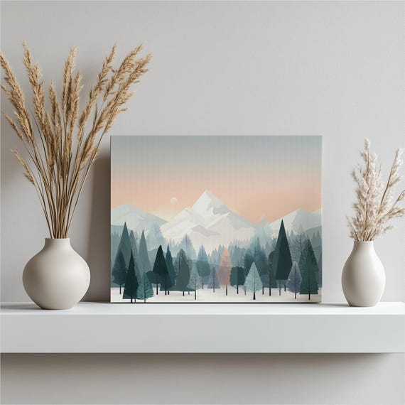 Minimalist Winter Mountain Canvas Wall Art Geometric Pastel Sunrise Snow Landscape Scandinavian Design Pine Forest Artwork Nordic Decor
