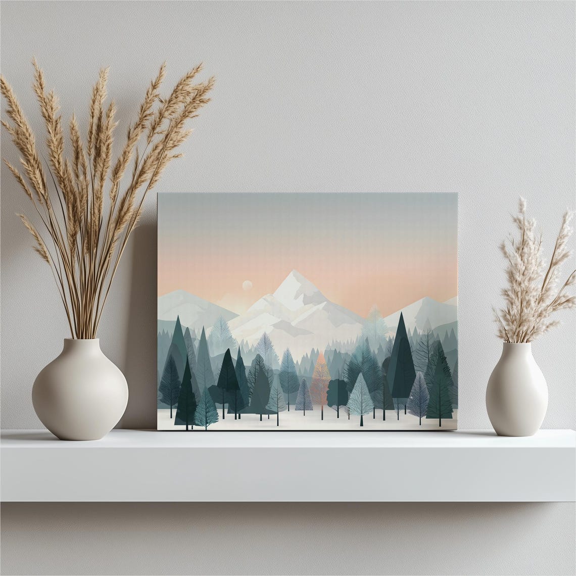 Minimalist Winter Mountain with Snowy Pines Pastel Art Print