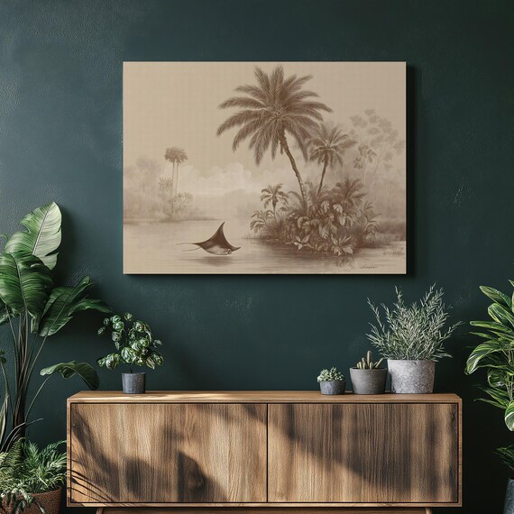 Vintage Sepia Manta Ray Palm Lagoon Engraving Ocean Art Poster