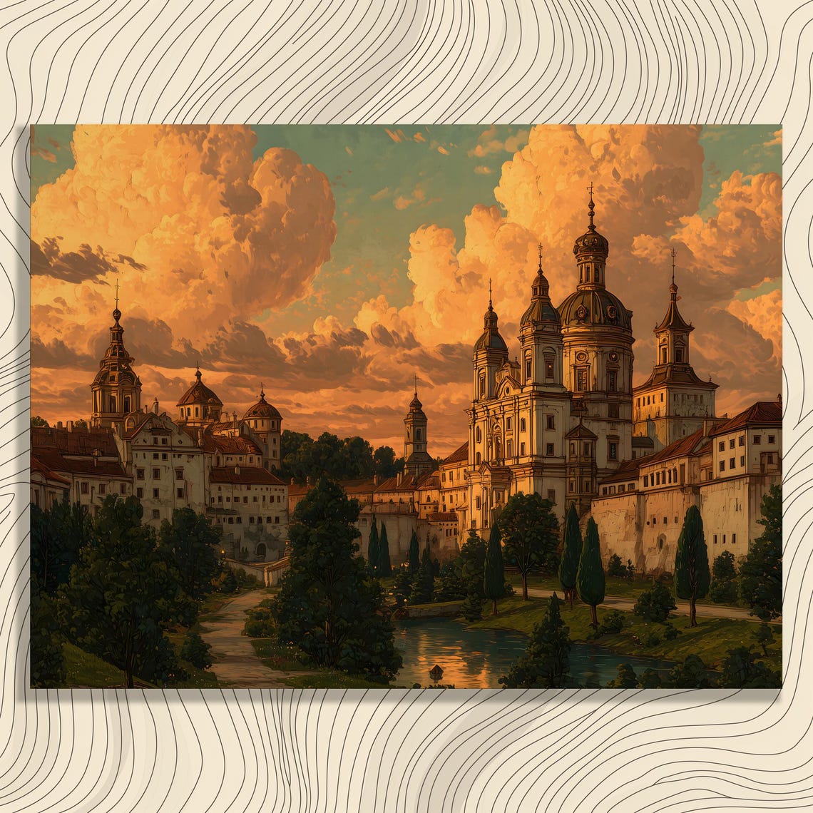 Golden Sunset Baroque Cathedral by the River Skyline Wall Art