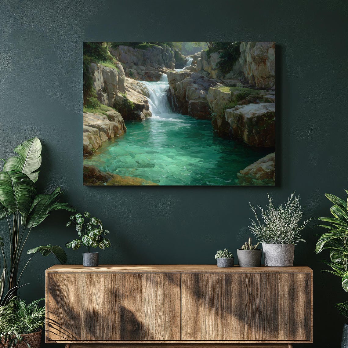Turquoise Waterfall Pool Rocky Canyon Sunlit Stream Art Poster