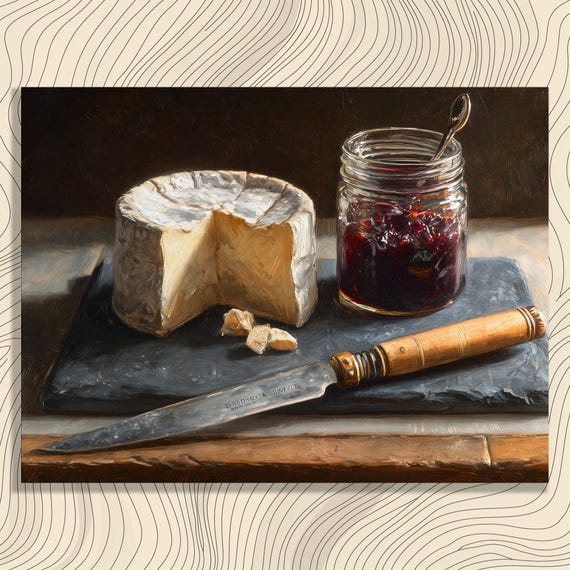 Brie And Jam Canvas Wall Art Traditional Realism Still Life Gourmet Food Painting Cheese Board Print Rustic Farmhouse Style Gift