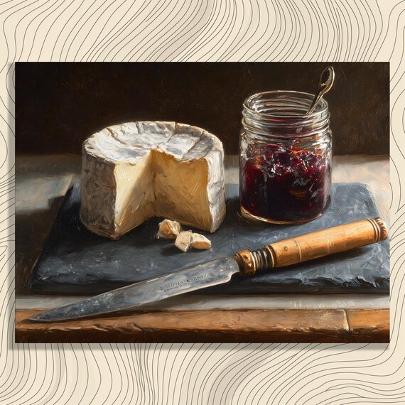 Brie Cheese Jam Rustic Still Life Oil Painting Kitchen Wall Art