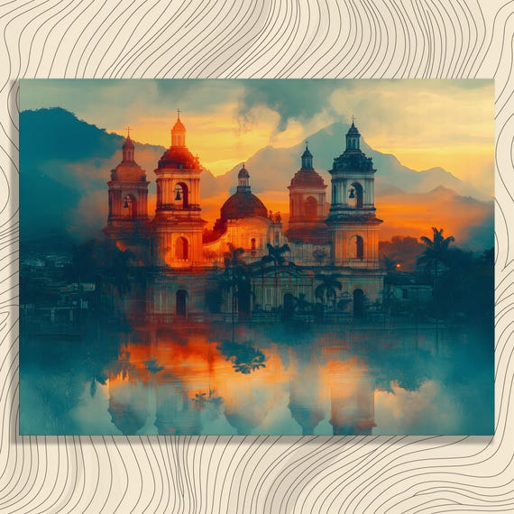 Surreal Cathedral Mountains Canvas Wall Art Abstract Landscape Reflection Print Sunset Painting Palm Trees Blue Horizon Decor