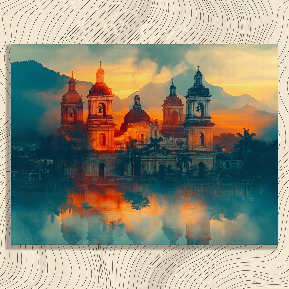Colonial Cathedral Sunset Reflection Palm Trees Vintage Travel Poster