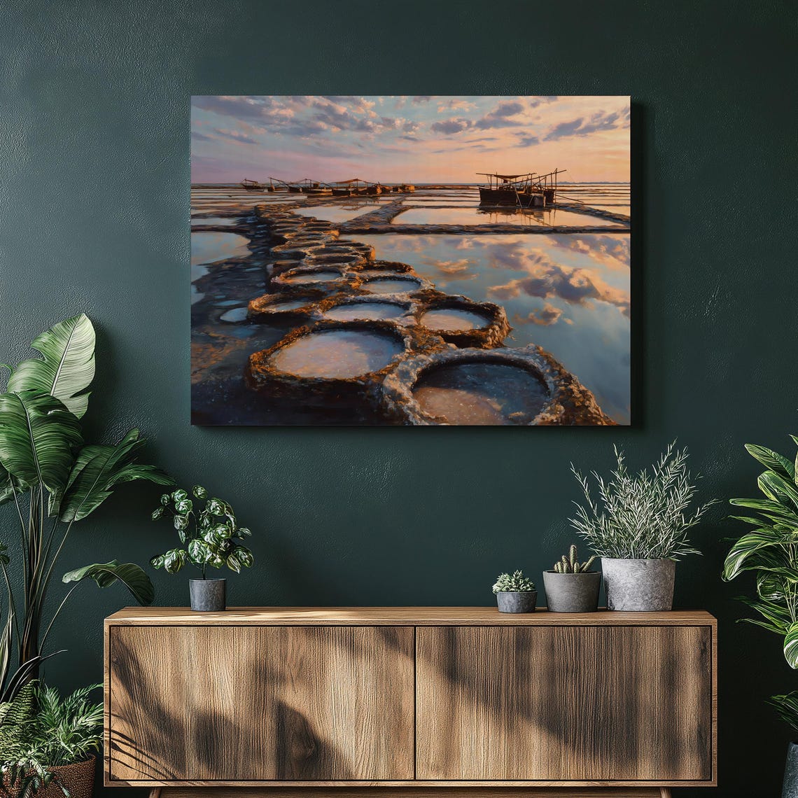 Sunset Reflecting Tidal Pools with Boats Coastal Landscape Wall Art