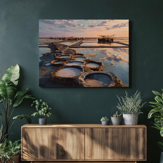 Sunset Reflecting Tidal Pools with Boats Coastal Landscape Wall Art