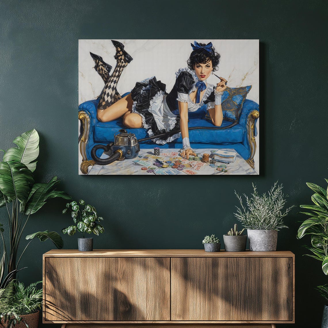 Vintage Pin Up Girl Poker Cards Chips Blue Couch Retro Art Poster