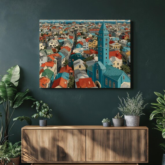 Colorful Coastal Cityscape Canvas Wall Art Teal Church Tower Rooftops Skyline Print Urban Landscape Painting Modern Decor Gift