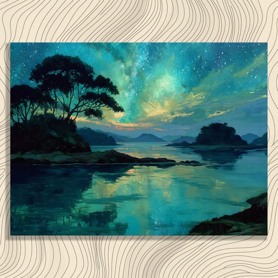 Dreamy Island Canvas Wall Art Serene Night Sky Reflection Landscape Painting Water Stars Aurora Tranquil Seascape Decor Print