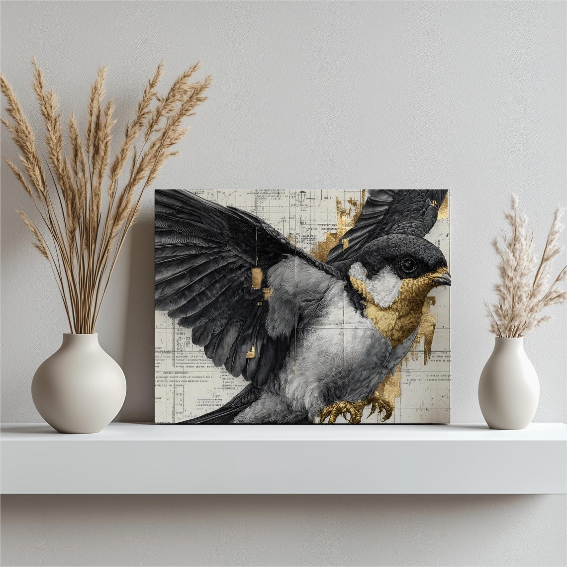 Swallow Flight Canvas Wall Art Modern Golden Accents Bird Artwork With Blueprint Grid Background Minimalist Wildlife Decor Nature Print