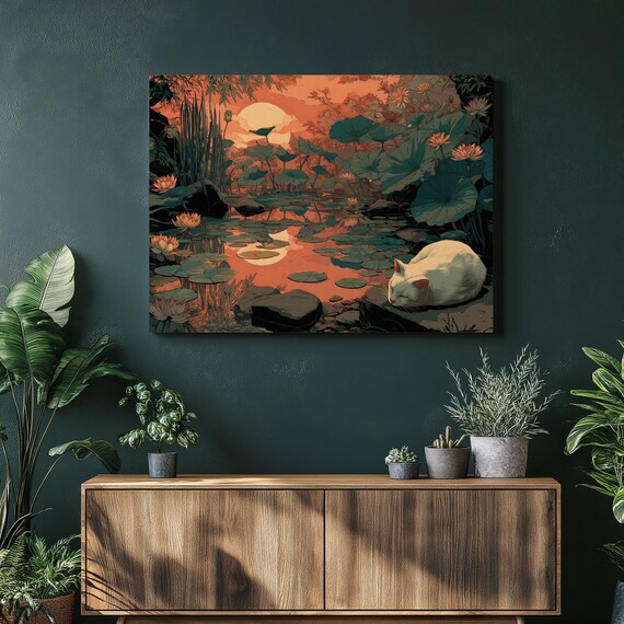 Sleeping White Cat Lily Pond Sunset Warm Illustration Wall Art