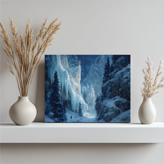 Winter Landscape Canvas Wall Art Frozen Waterfall Icy Gorge Snowy Canyon Pine Forest Mountain Valley Night Traditional Lodge Decor Print