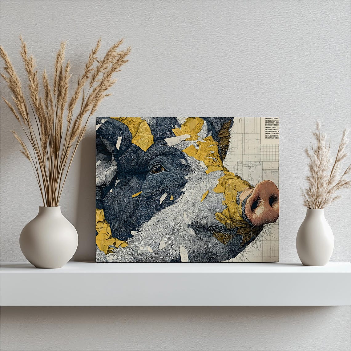 Pig Portrait Blueprint Gold Leaf Modern Abstract Farm Art Poster