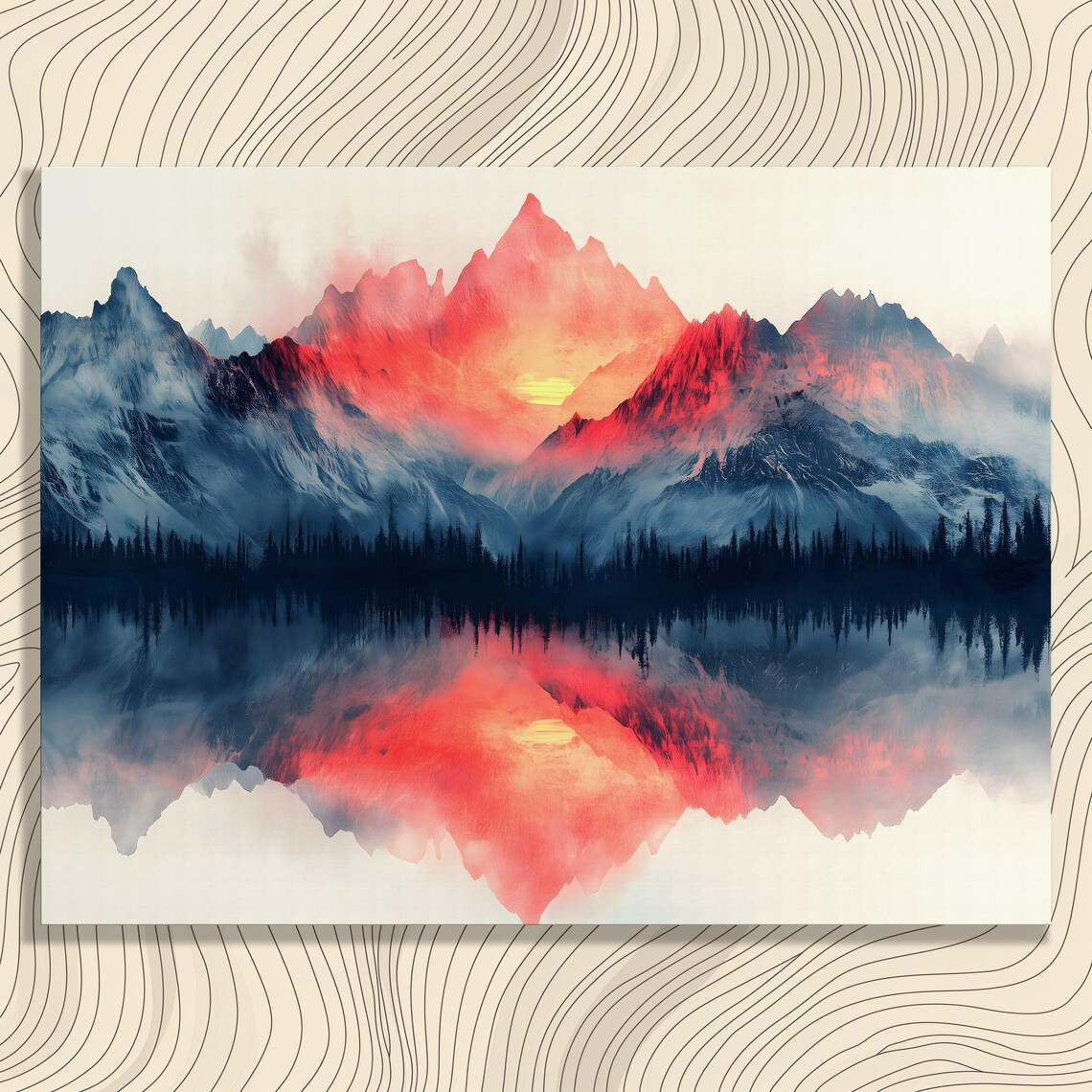 Mountain Lake Reflection Sunrise Red Peaks Watercolor Landscape Poster