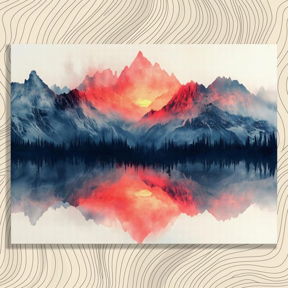 Serene Mountain Sunset Canvas Wall Art Modern Lake Reflection Landscape Painting Decor Print Gift For Nature Lovers Scenic View