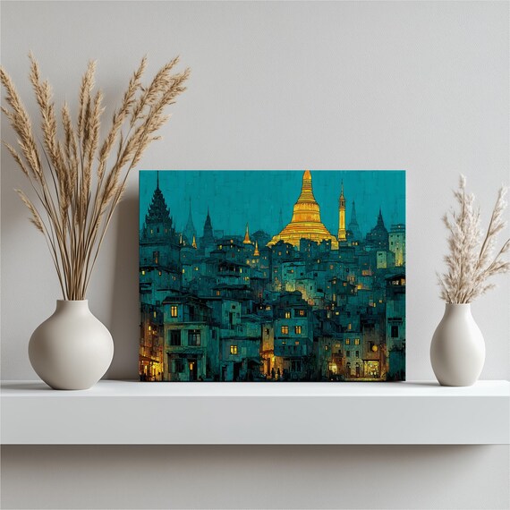 Urban Golden Stupa Canvas Wall Art Teal Gold Cityscape Skyline Print Modern Architecture Style Pagoda Nighttime Decor Hillside Village