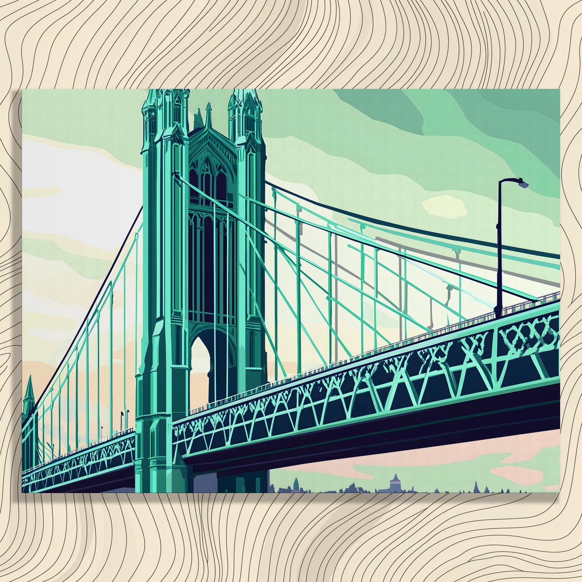 Suspension Bridge Canvas Wall Art Modern Gothic Architecture Cityscape Print Urban Impressionism Pastel Sky Decor Gallery