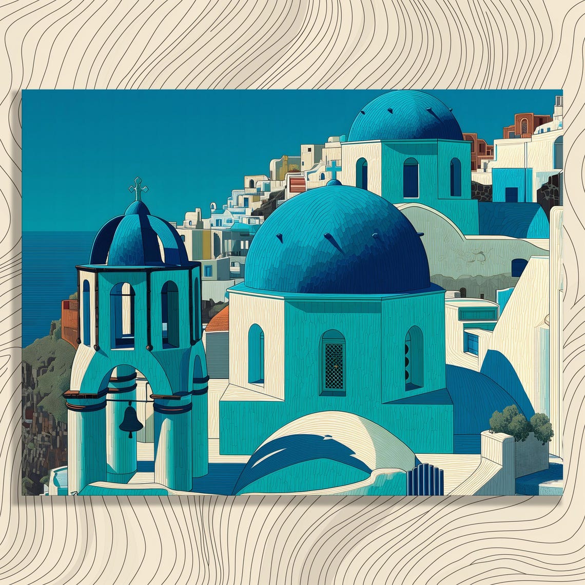 Santorini Blue Domes Greek Island Coastal Travel Scene Art Poster