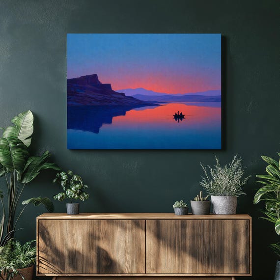 Sunset Lake Boat Canvas Wall Art Mountain Print Silhouette Dusk Reflection Serene Landscape Modern Lakeside Fishermen Gift