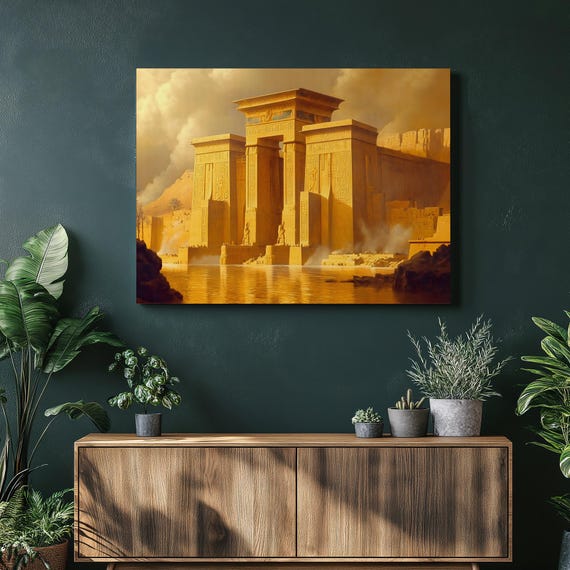 Temple Of Horus Canvas Wall Art Golden Ancient Egypt Architecture Landscape Print Desert River Scene Historical Monument Decor Giclee