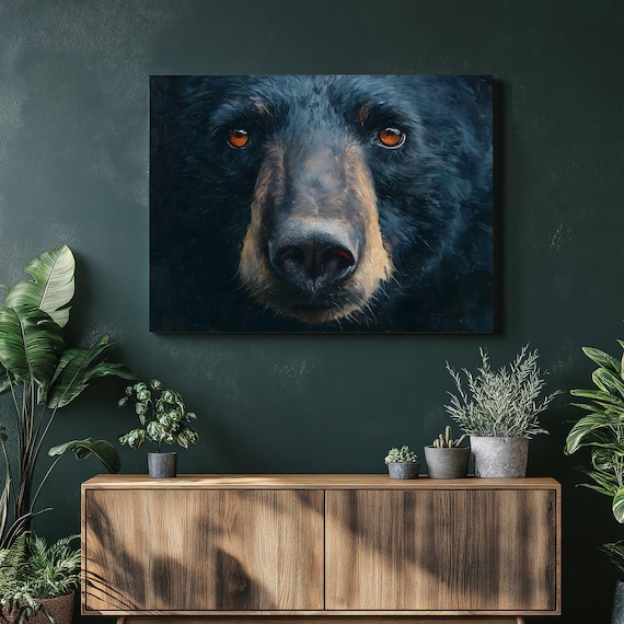 Black Bear Canvas Wall Art Expressive Wildlife Portrait Textured Oil Style Modern Rustic Decor Farmhouse Nature Inspired Painting