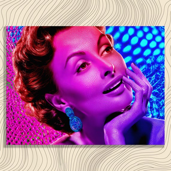 Neon Pop Portrait Canvas Wall Art Colorful Retro Glam Halftone Print Mid Century Style Vintage 1950s Fashion Inspired Modern Decor