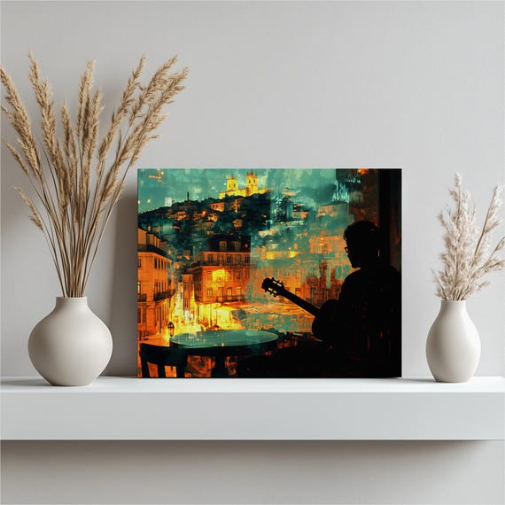 Lisbon Fado Guitarist Canvas Wall Art Moody Night Cityscape Double Exposure Tavern View Music Silhouette European Hillside Streets Decor