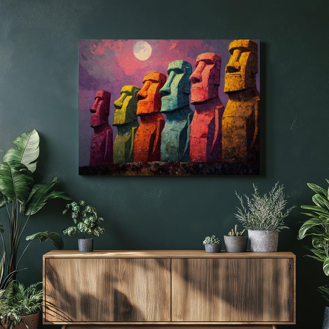 Easter Island Moai Statues Colorful Moonlit Night Canvas Art Print