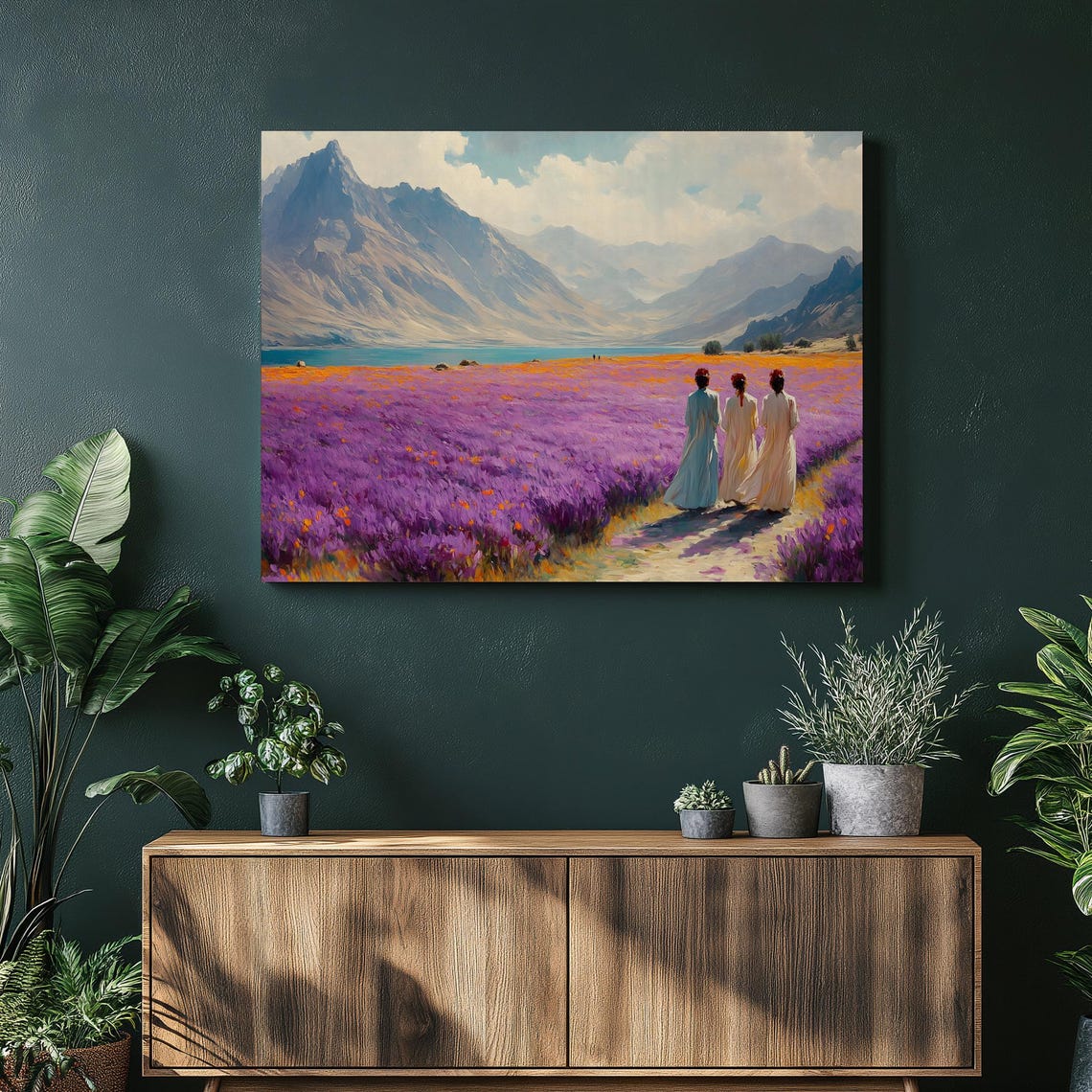 Saffron Flower Fields Women Walking Mountain Path Canvas Wall Art