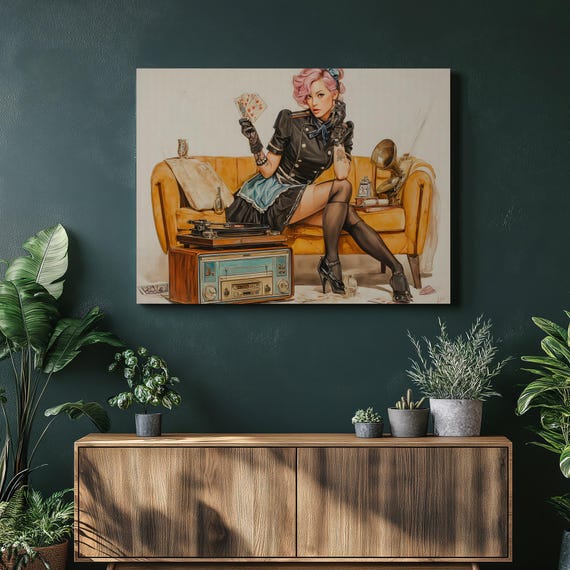 Retro Pin Up Canvas Wall Art Vintage Decor Mid Century Style Vinyl Turntable Gramophone Playing Cards Portrait With Pastel Pink Hair