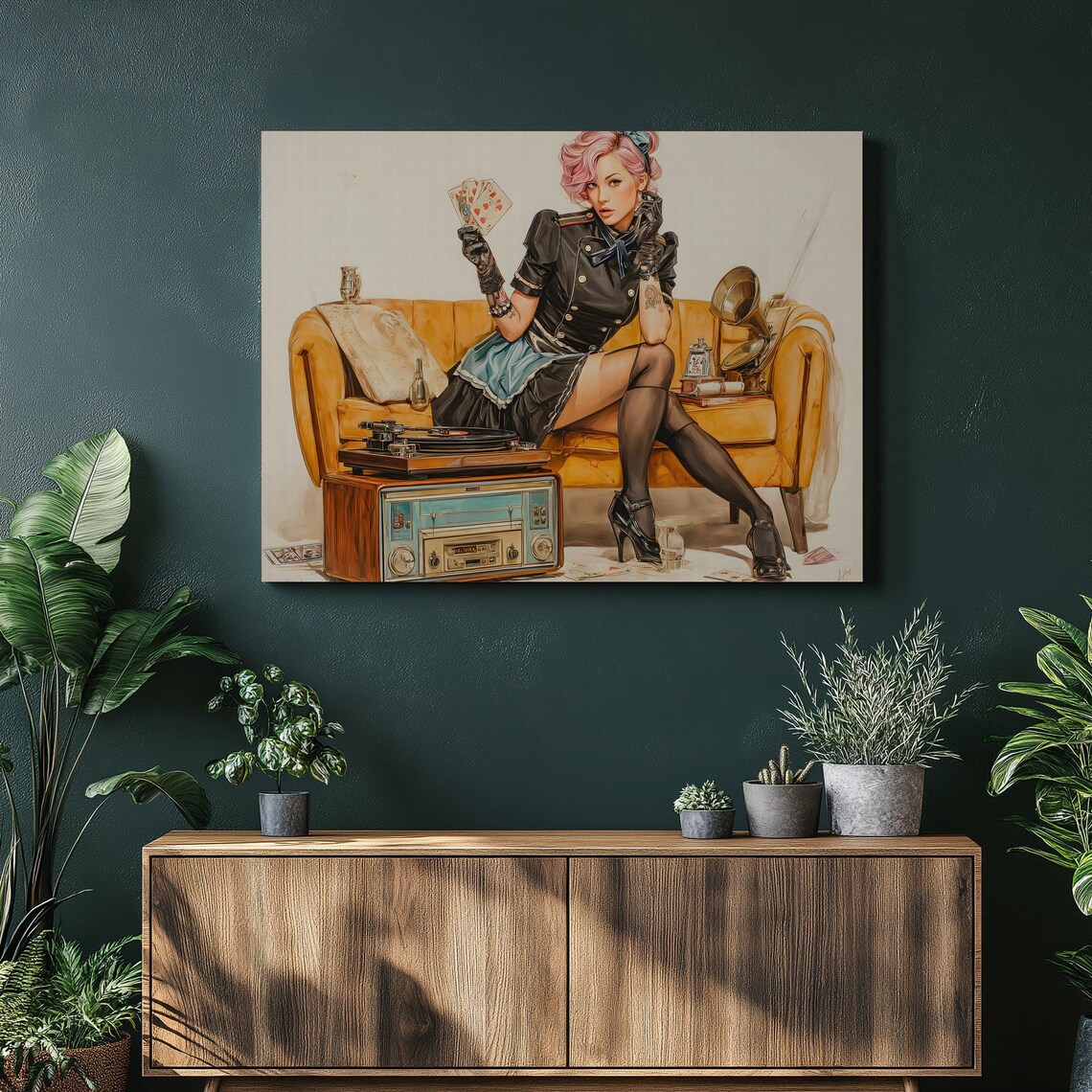 Retro Pin Up Girl Playing Cards Vintage Record Player Scene Poster