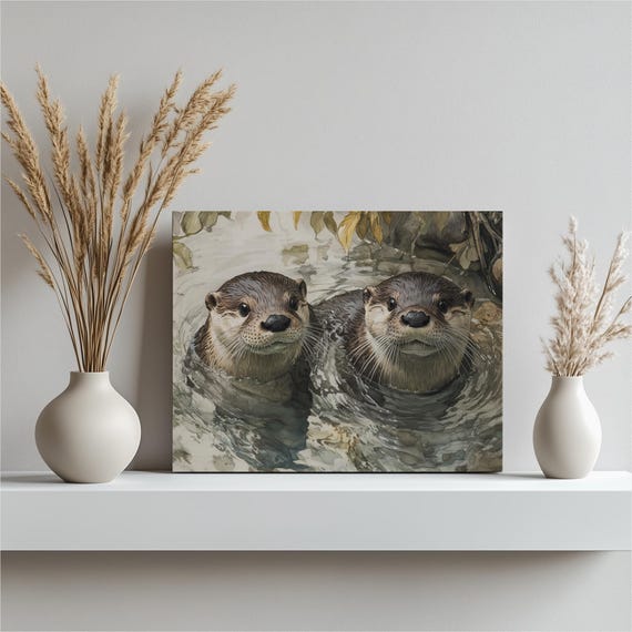 Playful Otters Canvas Wall Art Colorful Otter Painting For Home Decor Office Artwork Nature Print Wildlife Aquatic Life Gift